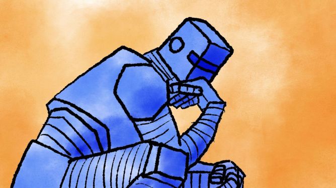 Illustration of a robot in "Thinking Man" pose