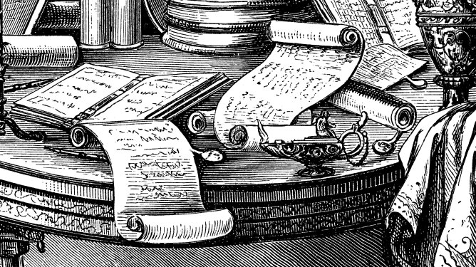 illustration of Handwritten Roman books and scrolls