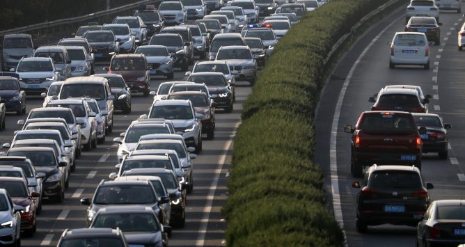 Aerial view of a traffic jam bringing vehicles to a halt on the highway on October 1, 2018 in Nanjing, Jiangsu Province of China.