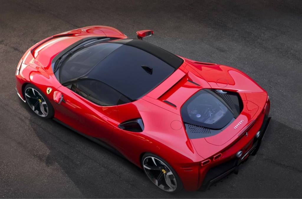 a red Ferrari Stradale aa red Ferrari Stradale on the road from above