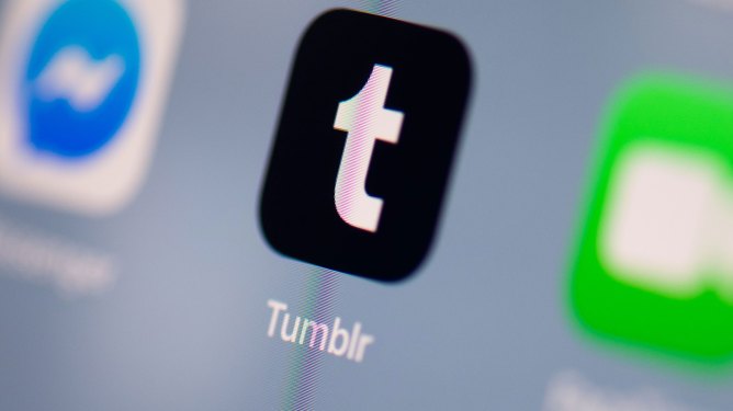 the logo of the US social network application Tumblr on the screen of a tablet.