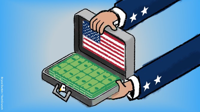 render of open briefcase holding money and US flag