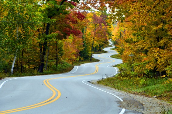 Door County curvy road in Autumn with colorful leaves