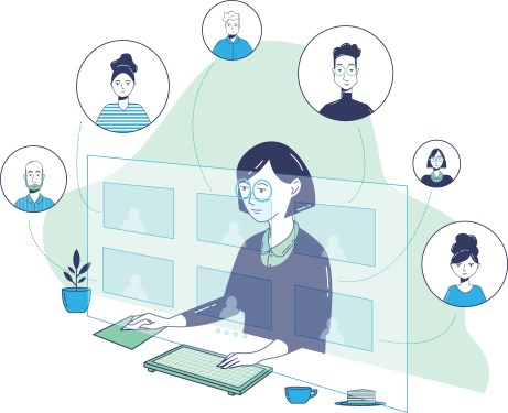 An illustration of a confident businesswoman conducting a virtual meeting from her home during the COVID-19 crisis. She is using a mouse and keyboard. Her colleagues are seen in digitally enhanced images around the computer monitor.