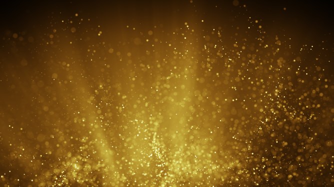 Fairy dust flying in gold light rays. Computer generated abstract raster illustration