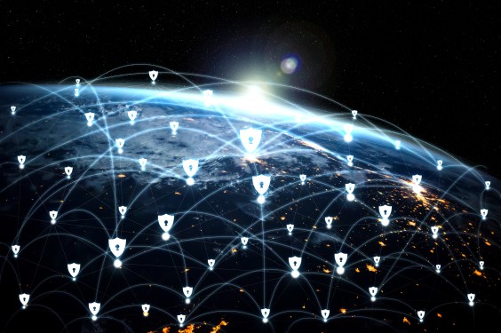 Locks linked together by lines over the globe.