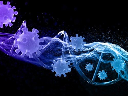 A conceptual illustration showing a DNA aptamer strand and virus cell