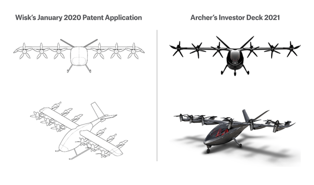 Wisk Aero alleges Archer copied its patented designs. This comparison was submitted to the court along with the complaint.