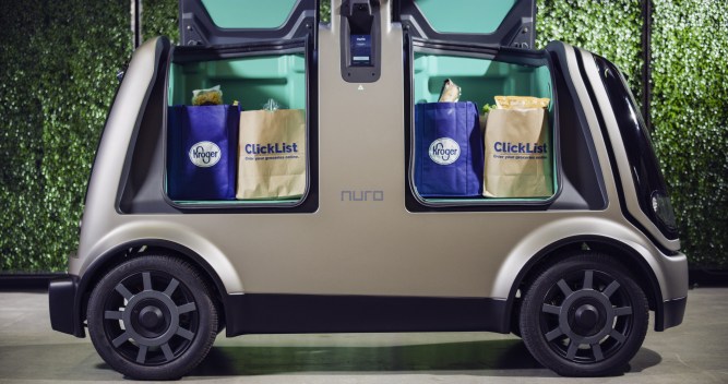 Nuro autonomous delivery unit with Kroger bags