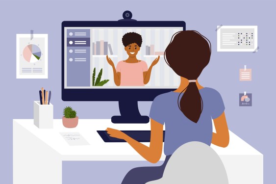 Online courses, studying or education. Video call, networking or conference by computer. Team work, talking with partner. Hiring, job interview, employment. Home office, work place vector illustration