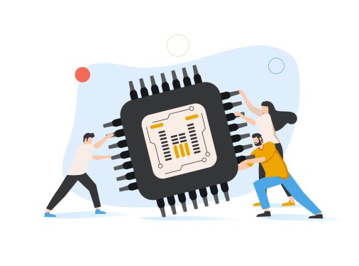 Illustration of three people struggling to hold up a a semiconductor to represent computer chip shortages.