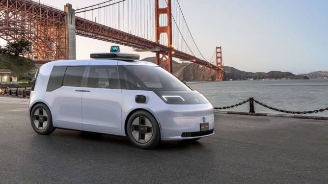 Waymo and Geely's Zeekr autonomous ridehailing vehicle rendering with golden gate bridge in background