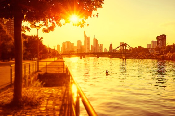 Skyline of Frankfurt am Main during a hot summer evening. Toned image with Tilt-shift effect.