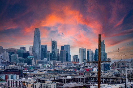 An image taken from Potrero Hill, looking towards Downtown San Francisco, California on a stormy day near sunset. (Photoshop work has been done on this image)