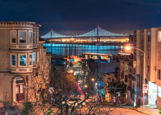 A night view looking towards Oakland and the San Francisco Bay Bridge from the Telegraph Hill district of San Francisco after dusk. (A night view looking towards Oakland and the San Francisco Bay Bridge from the Telegraph Hill district of San Francisc