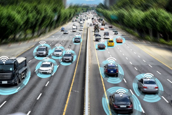 Smart car (HUD) , Autonomous self-driving mode vehicle on metro city road iot concept with graphic sensor radar signal system and internet sensor connect.