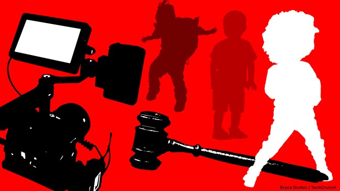 An illustration with silhouettes of children, a camera, and a gavel.