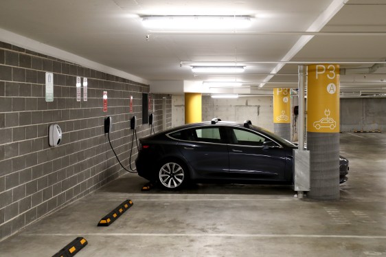 A Tesla vehicle in a car park in Australia.