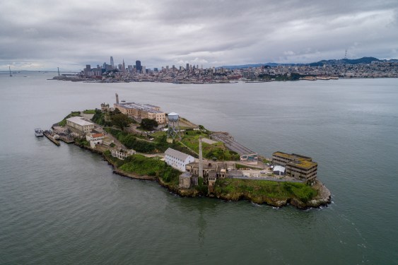 Aerial view of Alcatraz island in the San Francisco Bay. USA. The most famous Alcatraz Prison, Jail.