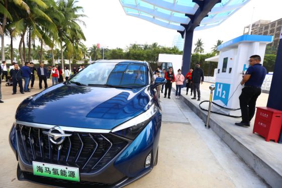 A Haima 7X 70MPa hydrogen fuel cell MPV is charged at Haima Automobile's first hydrogen refueling station on December 10, 2021 in Haikou, Hainan Province of China.