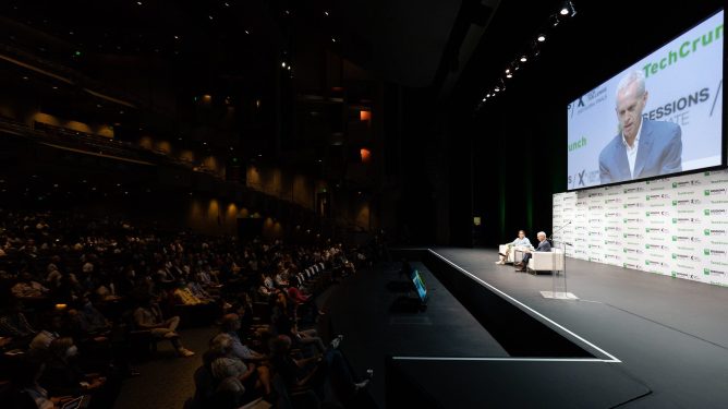 Berkeley Lab's Dr. William Collins and TechCrunch's Harri Weber on stage at TC Sessions: Climate