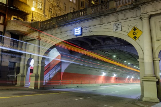 Night Traffic crossing Stockton Tunnel (Chinatown side) in San Francisco.