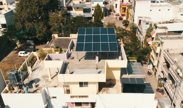 Solar panels on roof of building in India