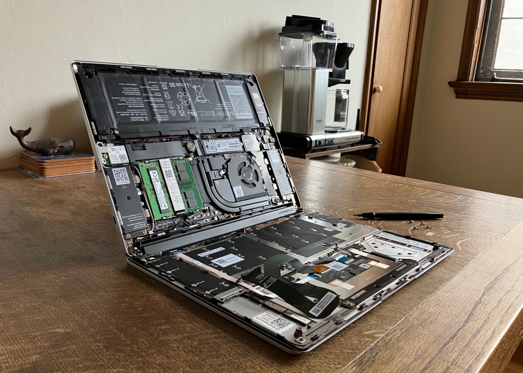 a photo of the Framework laptop open with its internals on show.