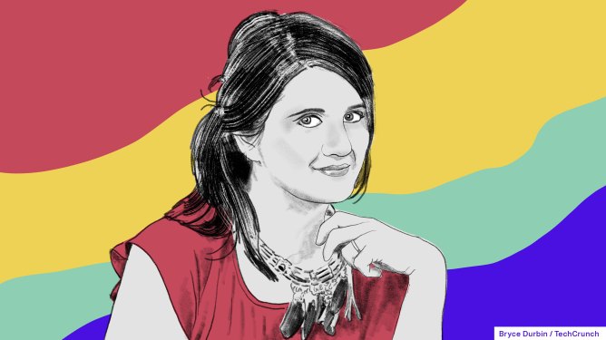 illustrated image of a woman, anca gardea, with red, yellow, green and purple background