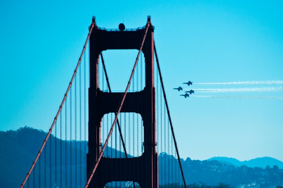 Blue Angels fly over San Francisco during the U.S Navy's fleet week