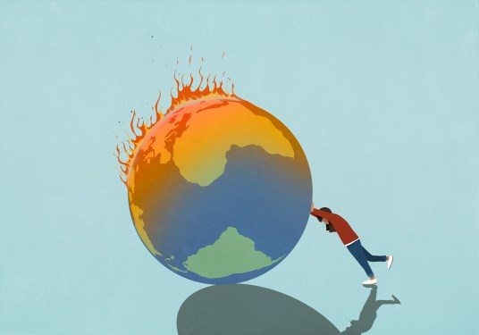 Illustration of a woman pushing a burning globe.