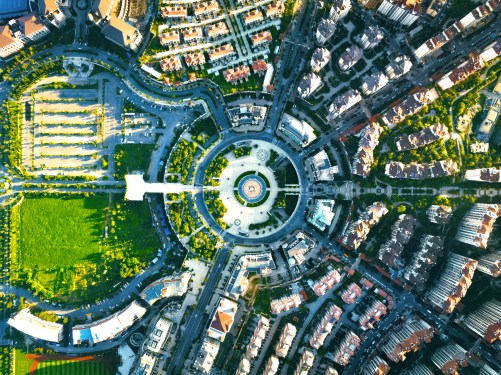 Aerial shot of a residential district, used in a post about real estate carbon emissions tracking startup Accacia