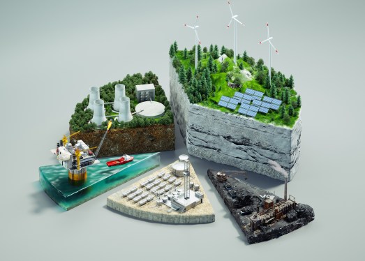 Digital generated image of multiple environment circular pie cross section with different types of energy supply standing on white background. Sustainable energy concept.