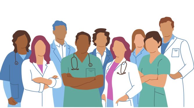 illustration of doctors and nurses standing together in different poses.