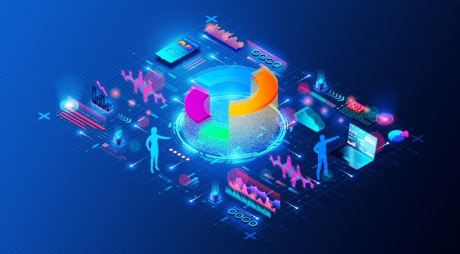 Concept illustration showing data moving through a workflow at a company from collection and processing to generating charts and graphs.