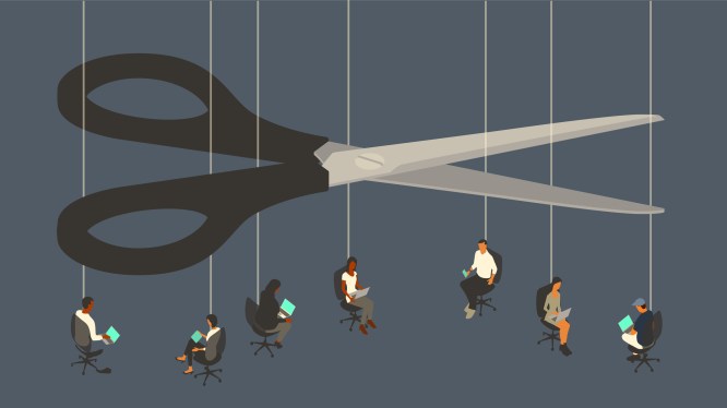 Illustration with large scissors cutting strings attached to a group of employees to symbolize layoffs or job cuts.