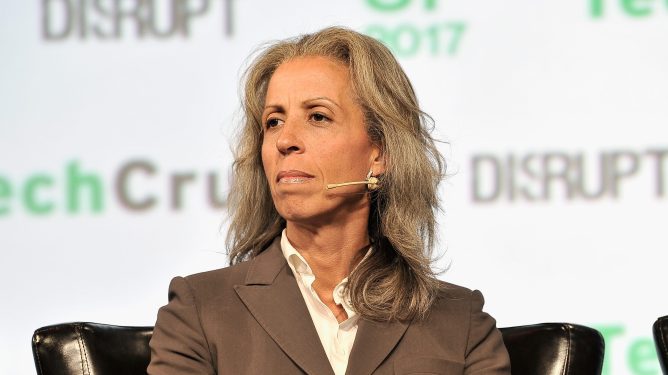 SAN FRANCISCO, CA - SEPTEMBER 19: The Westly Group Managing Partner Lisa Lambert judges the Startup Battlefield Competition during TechCrunch Disrupt SF 2017 at Pier 48 on September 19, 2017 in San Francisco, California. (Photo by Steve Jennings/Getty Images for TechCrunch)