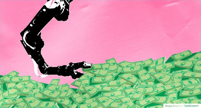 image of robotic arm grabbing at a pile of money