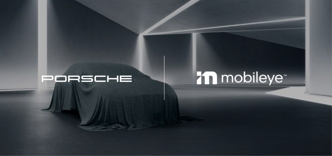 mobileye porshe logos overlaying photo of car under wraps