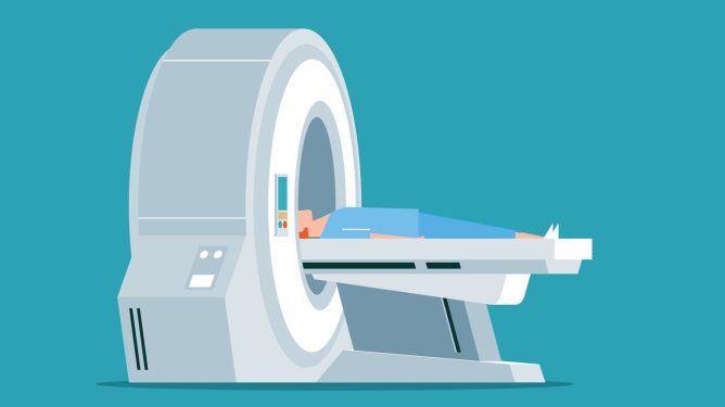 Illustration of MRI scan and diagnostics.