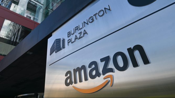 A view of the Amazon logo outside Amazon's offices in Dublin city center, Ireland.