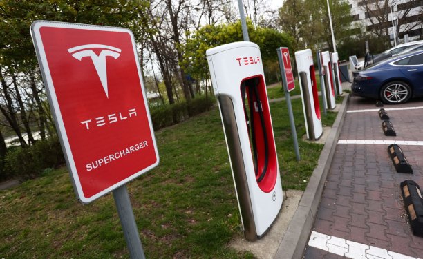 Tesla Supercharger at a gas station in Katowice, Poland.