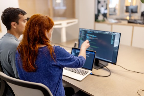 Rear view of two computer programmers working on a new project.