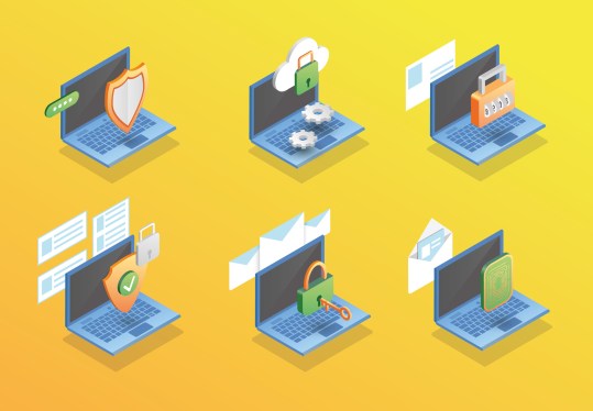 Security and authorization concept, showing six computers on a yellow background to illustrate various kinds of access.