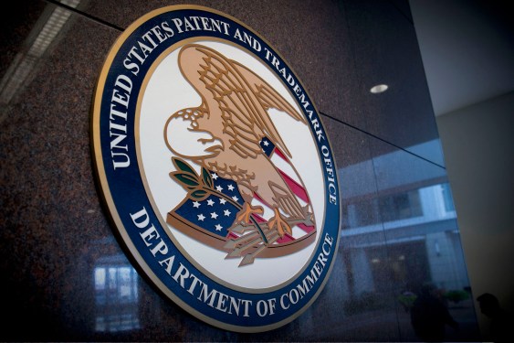 the seal of the U.S. Patent and Trademark Office, known as USPTO, is displayed inside the headquarters in Alexandria, Virginia.