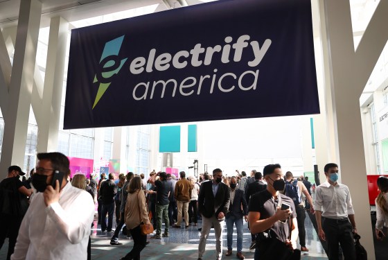 An Electrify America sign hangs at AutoMobility LA