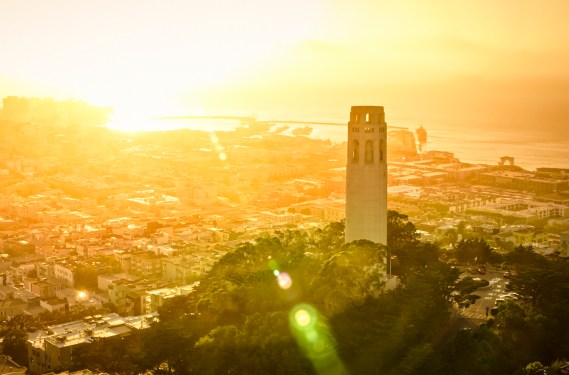 Aerial view of Coit Tower on Telegraph Hill during sunset, San Francisco, California, USA.