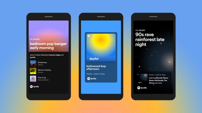 Spotify daylist feature displayed on 3 smartphone screens