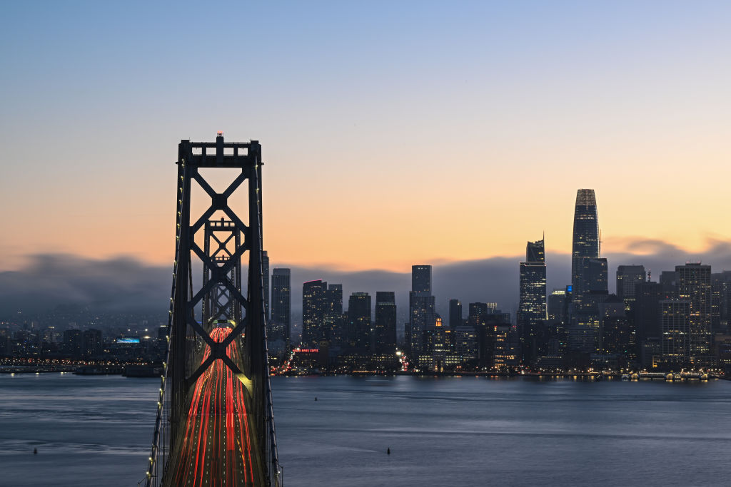 SAN FRANCISCO, CA - SEPTEMBER 9: San Francisco-Oakland Bay Bridge is seen during cloudy weather and sunset in Treasure Island of San Francisco, California, United States on September 9, 2023. (Photo by Tayfun Coskun/Anadolu Agency via Getty Images)