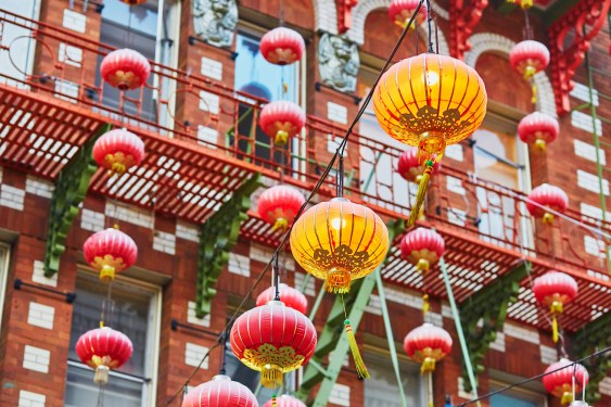 Beautiful red Chinese lanterns in Chinatown of San Francisco, California, USA